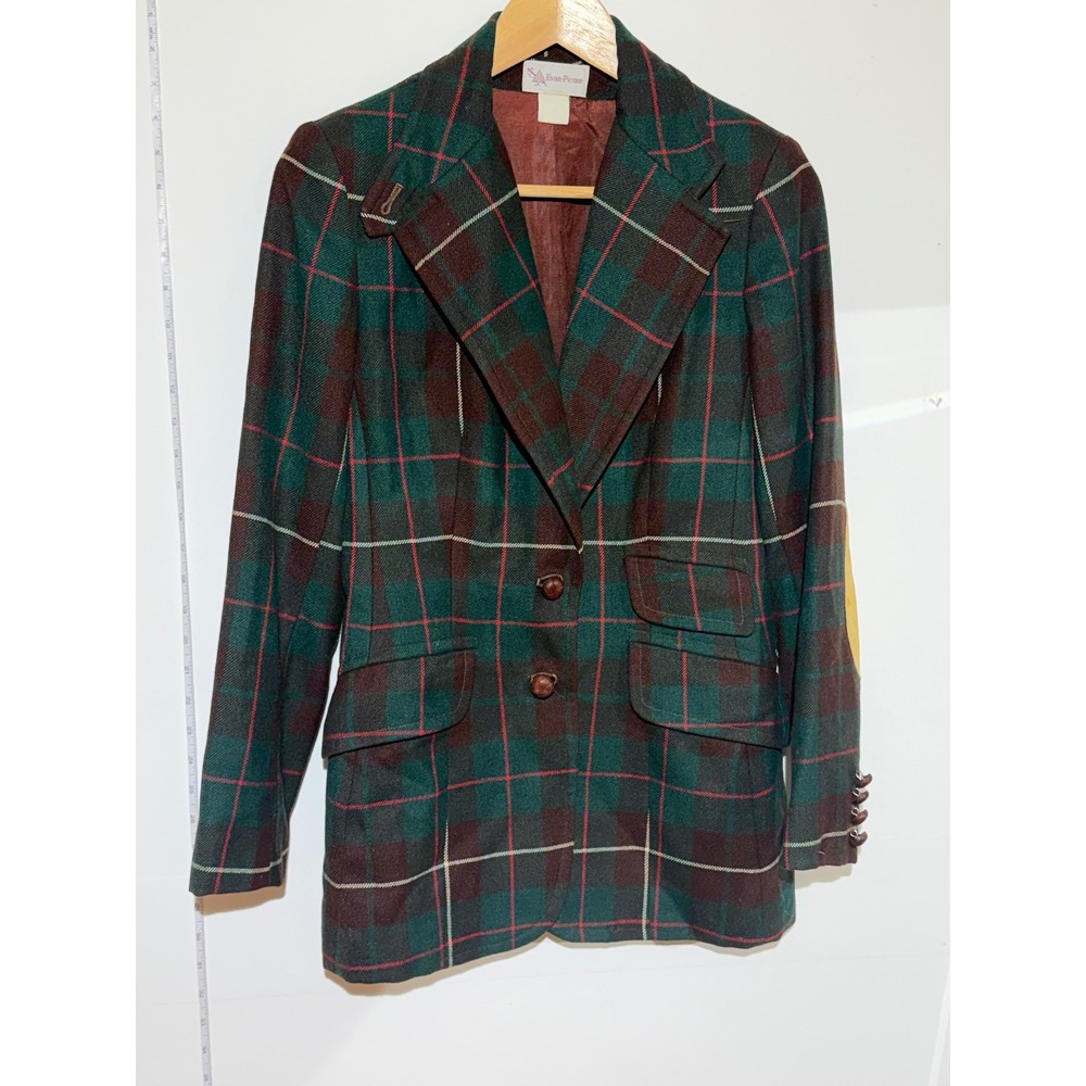 Evan Picone Vintage Plaid Blazer Green Burgundy Elbow Patches Academic Jacket
